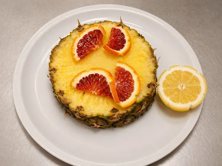 Ananas al naturale servito con agrumi, dessert leggero di fine pasto