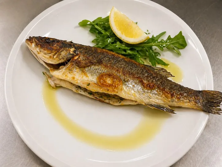 Branzino arrostito servito con rucola e limone
