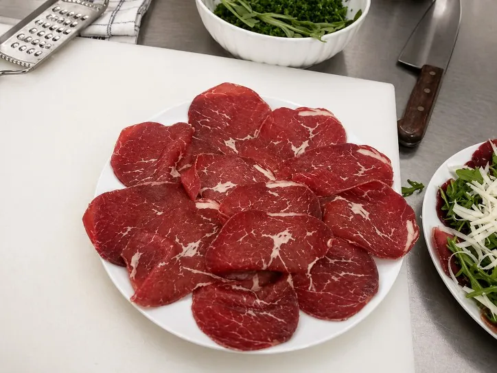 Carpaccio di manzo tagliato a mano prima del condimento in cucina